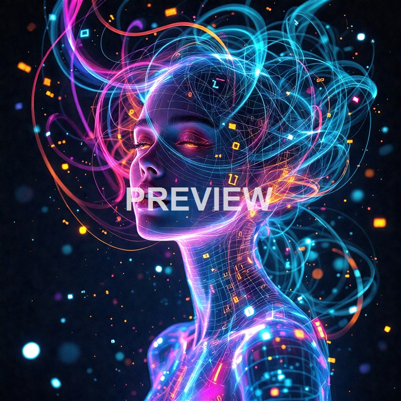 A futuristic digital artwork of a woman's face and upper body with glowing neon lines, circuits, and abstract light trails surrounding her head, giving a sense of artificial intelligence and cybernetic enhancement.